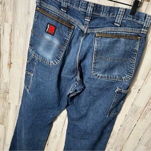 Wrangler Riggs Blue Denim Utility Workwear Pants Distressed Painted Mens 34 x 32